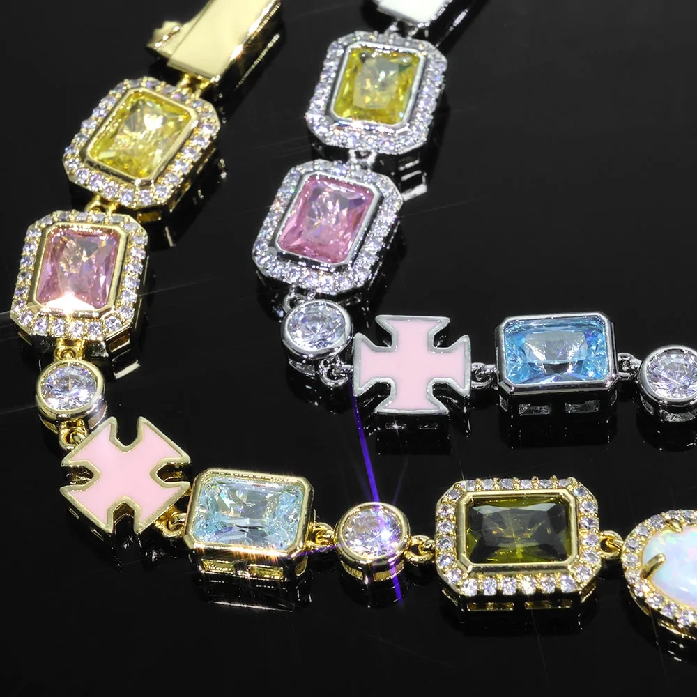 Mixed Colorful 10mm Cross Tennis Bracelet Enamel Bling Cz Chain Geometric Gemstone Motif Iced Out Opal Bracelet
