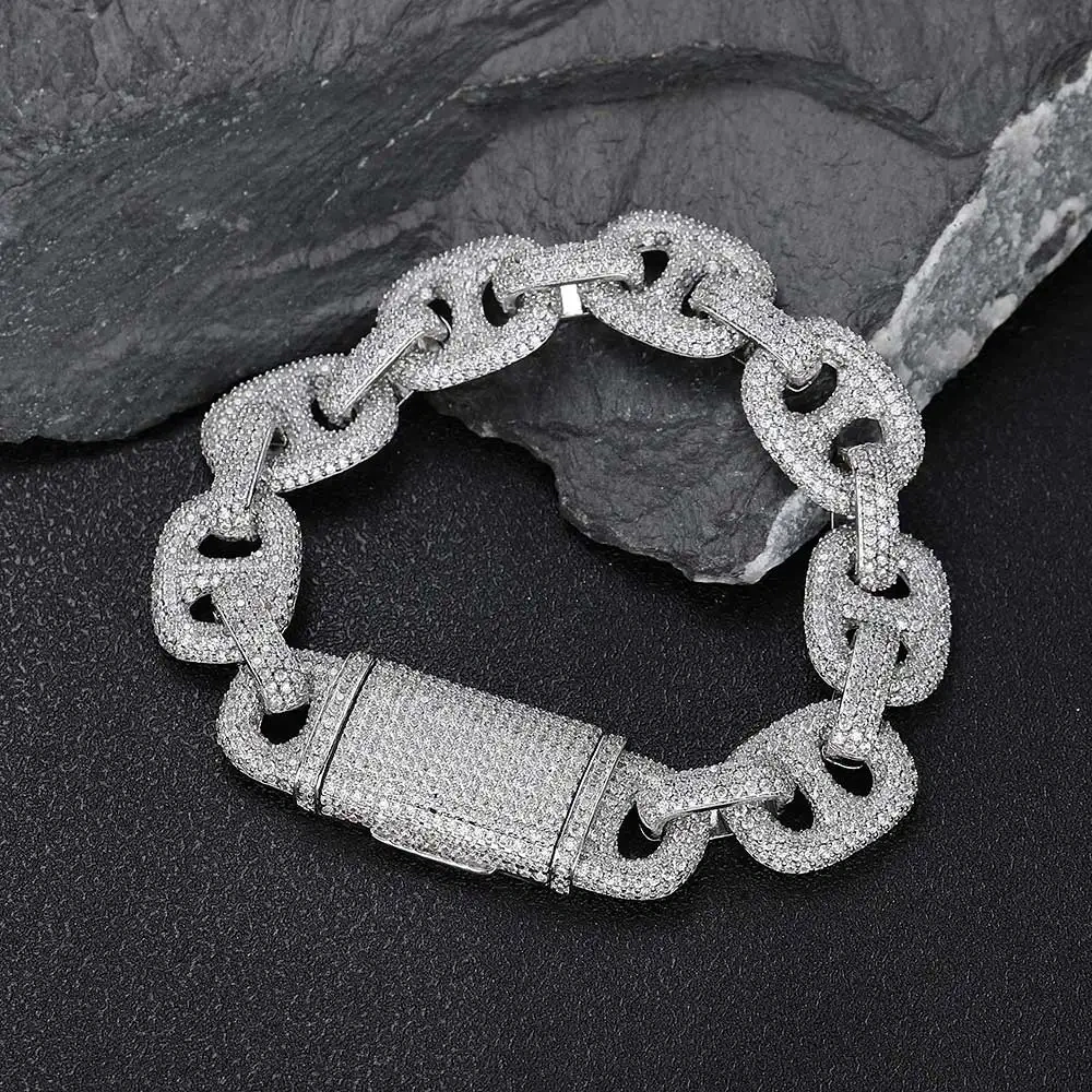 Iced Out Pig Nose Bubble Bracelet Shiny Zircon 16mm Cuban Link Bracelet Silver Plated Brass Hip Hop Jewelry for Men and Women