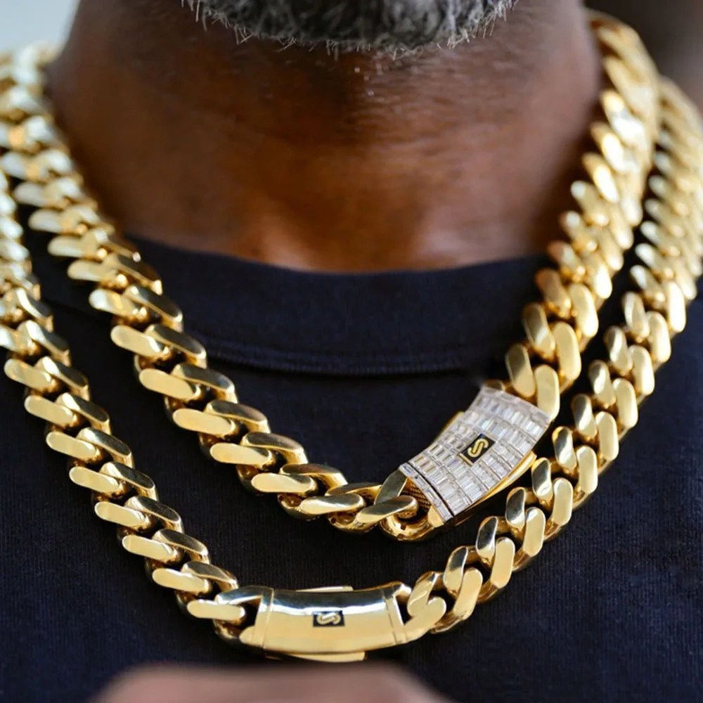 Hip Hop Jewelry 20mm 14K Gold Plated Monaco Chain Classic Pave Lock Choker Heavy Miami Cuban Link Chain Men's Necklace