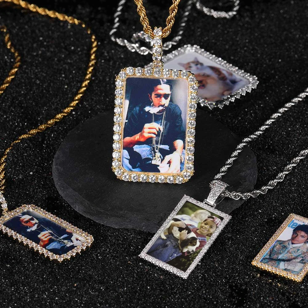 Custom Iced Out Square Picture Necklace for Men Personalized Medallions Rectangle Photo Pendant Free Engrave Hip Hop Jewelry