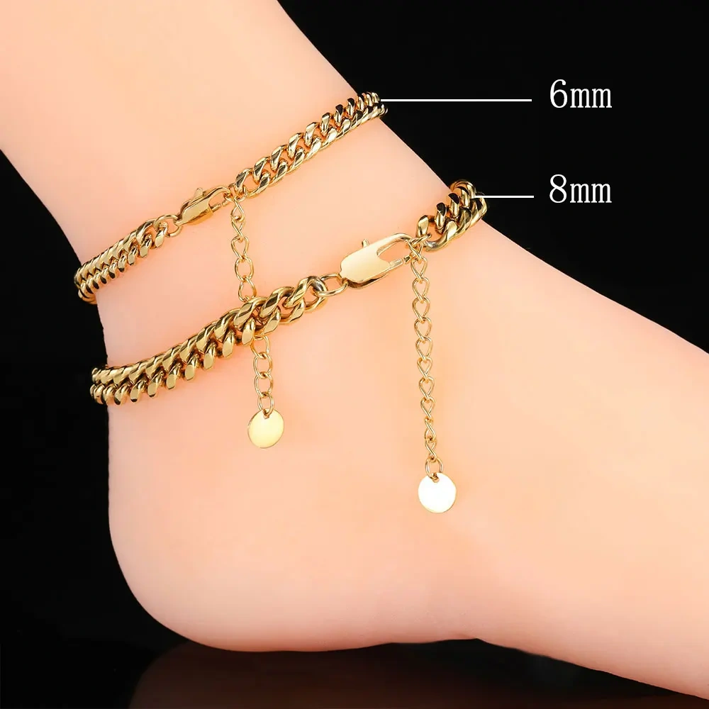 Hip Hop Stainless Steel 18K Plated Gold Anklet Cuban Link Chain For Women Gift Bling