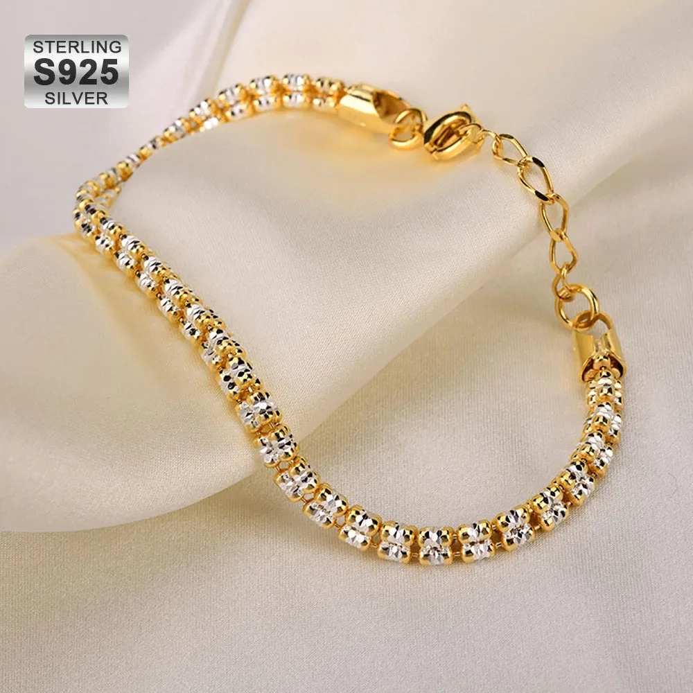 Italian Craftsmanship S925 Pure Silver Diamond Cut Three Rows Pearl Separation Bracelet Adjustable Queen Style Jewelry ﻿