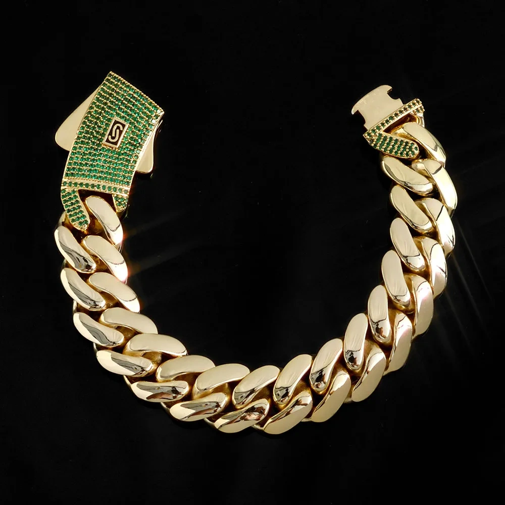 ESKEEM 14K Gold Plated 12/15MM Monaco Bracelet Hip Hop Jewelry Iced Green Cubic Zirconia Clasp Miami Cuban Bracelet Men Gift