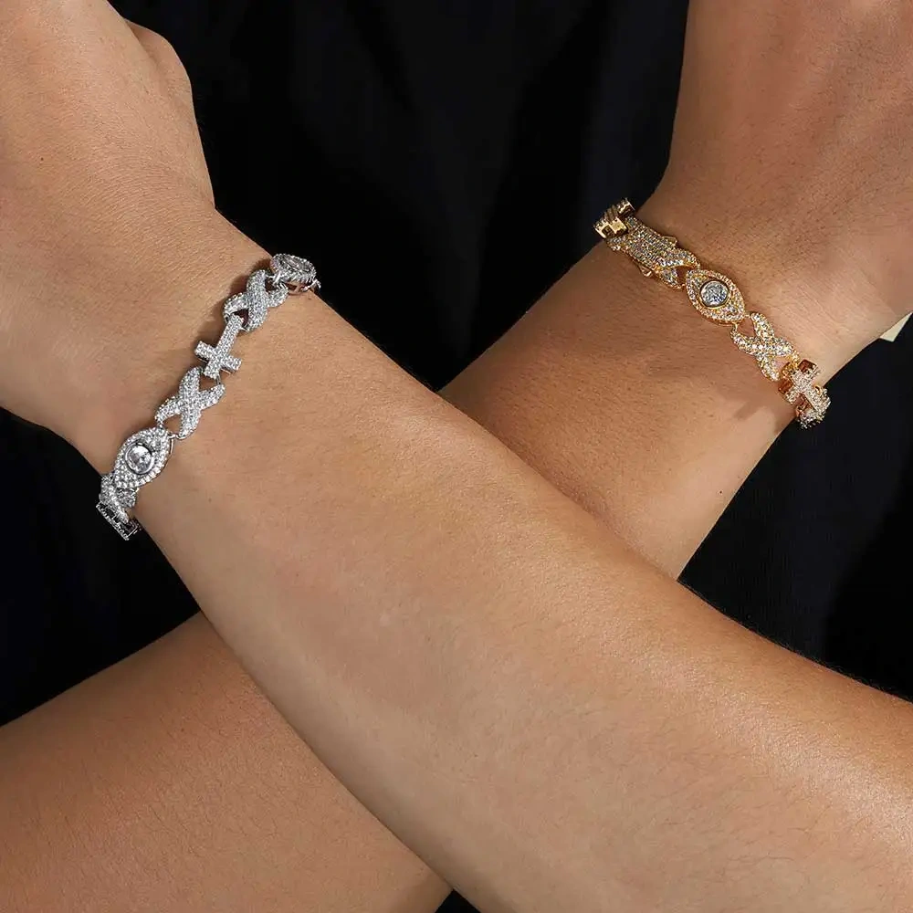 Fine Jewelry Devil Eye Jewelry 8mm Hip Hop Rock Infinite Cross Cuban Link Chain Bracelet Iced Out CZ Bling Women Bracelets