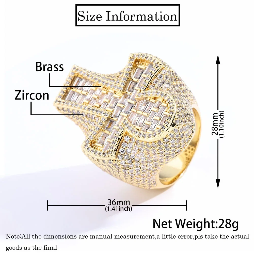 Hip Hop Jewelry Fashion Style Cross Cuban Ring for Men Bling Iced Out Round&T-shaped Diamond Cross Ring Party Gift