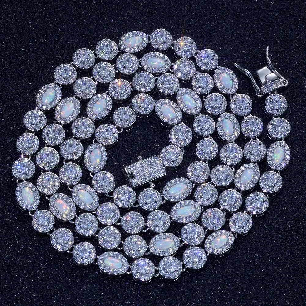 Hip Hop Tennis Moissanite Chain Necklace 925 Sterling Silver White Vvs Moissanite&Flame Opal Tennis Chain Fine Jewelry