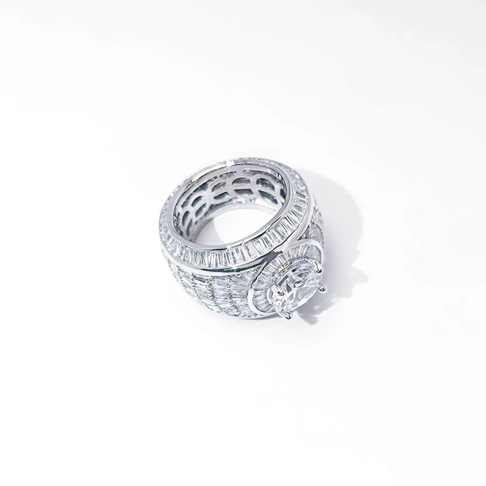 New Hip Hop Claw Setting Big CZ Full Zircons Surface Ring Brass Shiny Rings for Rapper Men