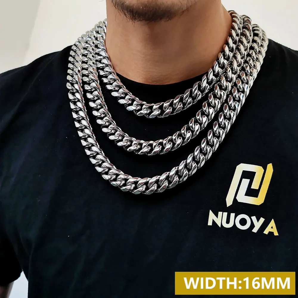 Hip Hop Men's 8/10/12/14/16mm Stainless Steel Necklace Miami Cuban Link Chain Fashion Jewelry Free Custom Logo