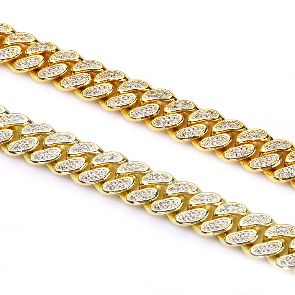 Hip Hop 14k Gold Plated Bling Iced Cuban Chain Jewelry Cadena Hombre 12mm 2 Rows Diamond 18k Gold Color Cuban Necklace