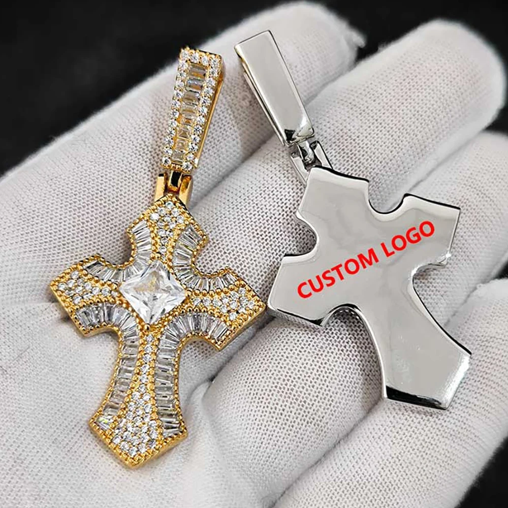 Wholesale Ice Rectangle Cross Pendant Necklace Mens Hip Hop Jewelry Bling CZ Mens Cross Charm Necklace Party Gift