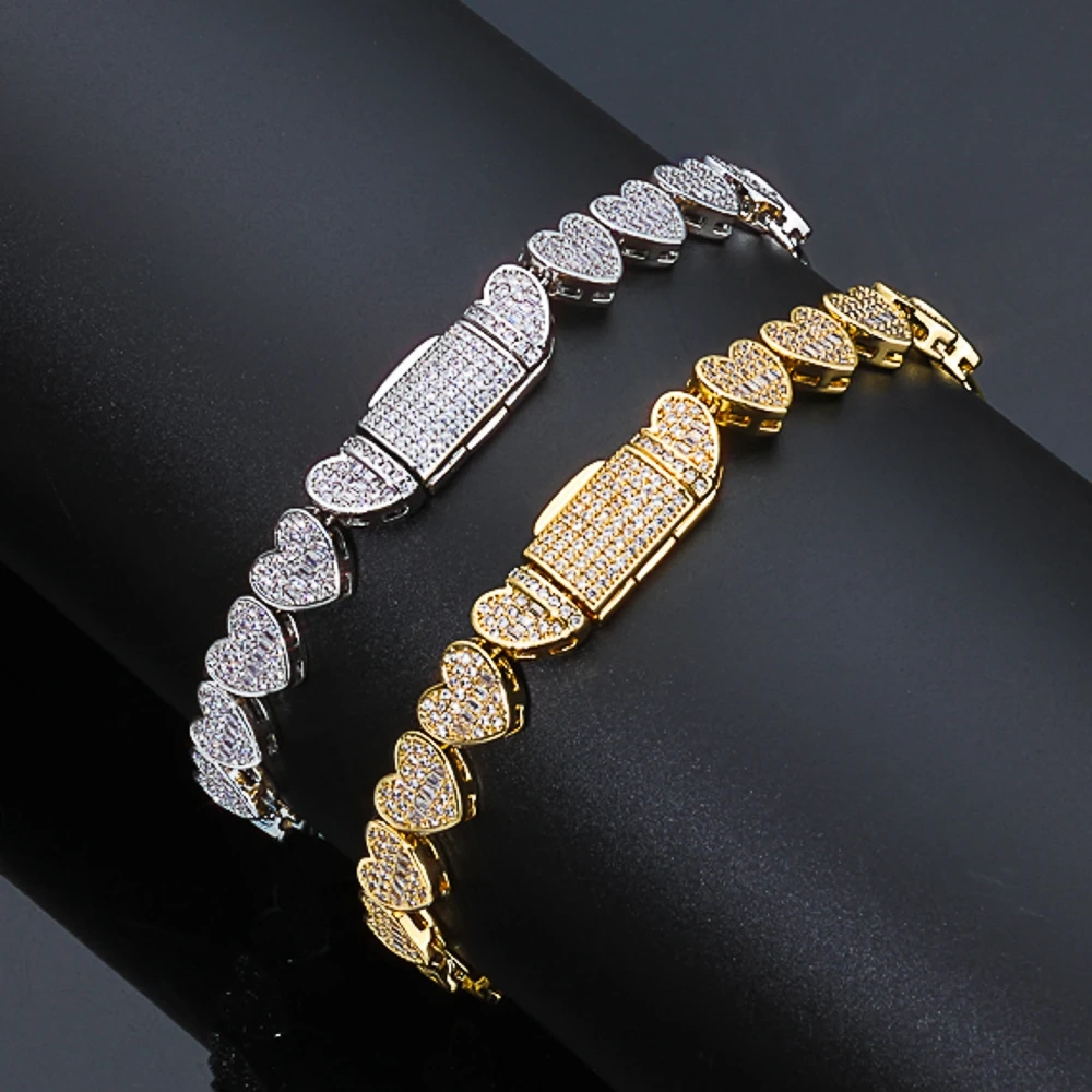 ESKEEM 8mm Iced Out Baguette Heart Tennis Chain Bracelet Silver Plated Zircon Mixed Inlay Hip Hop Women's Fine Jewelry