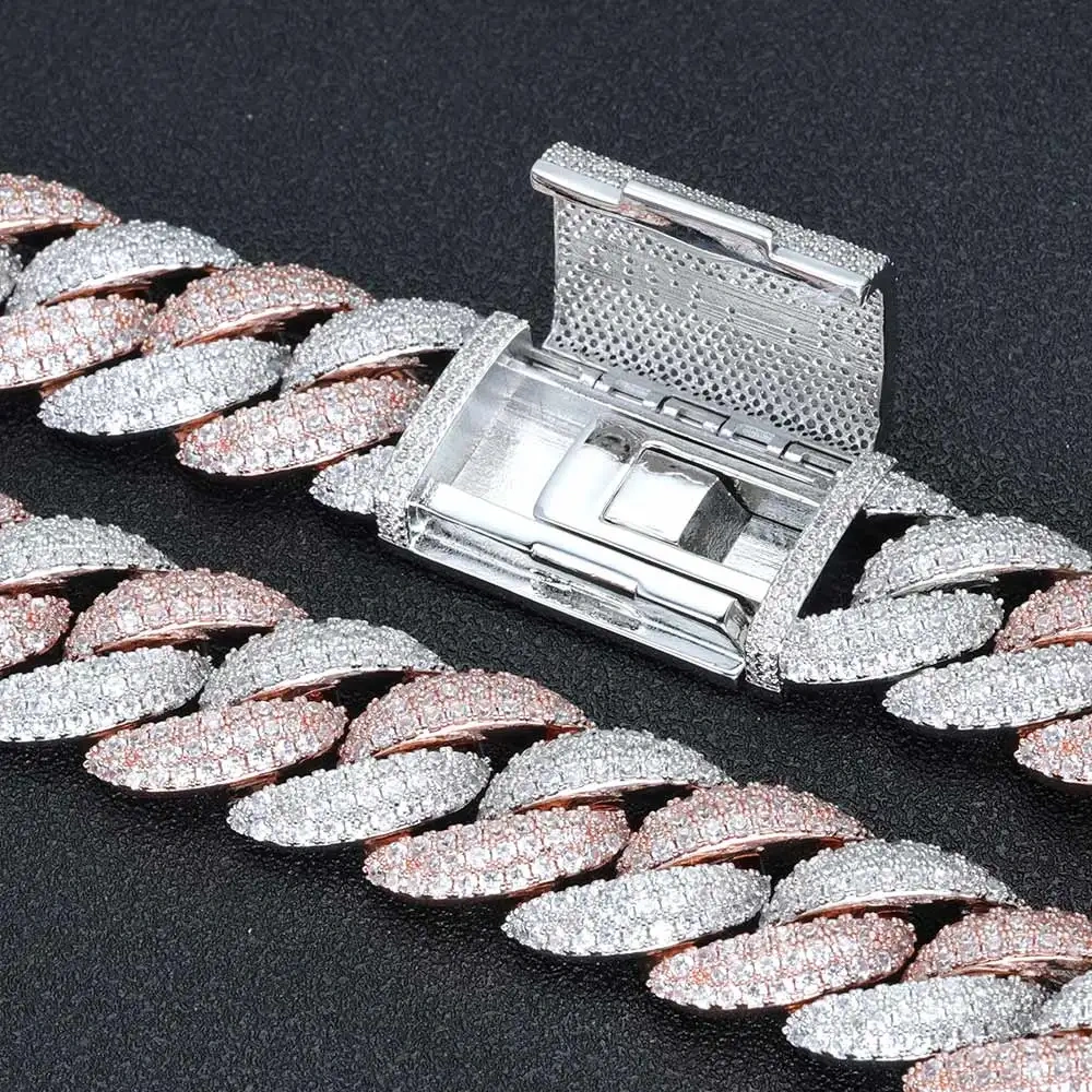 Luxury Hip Hop Rose Gold Iced Out CZ Diamond Necklace Big Size 22MM 3 Rows Custom Cuban Link Chain Necklace Jewelry