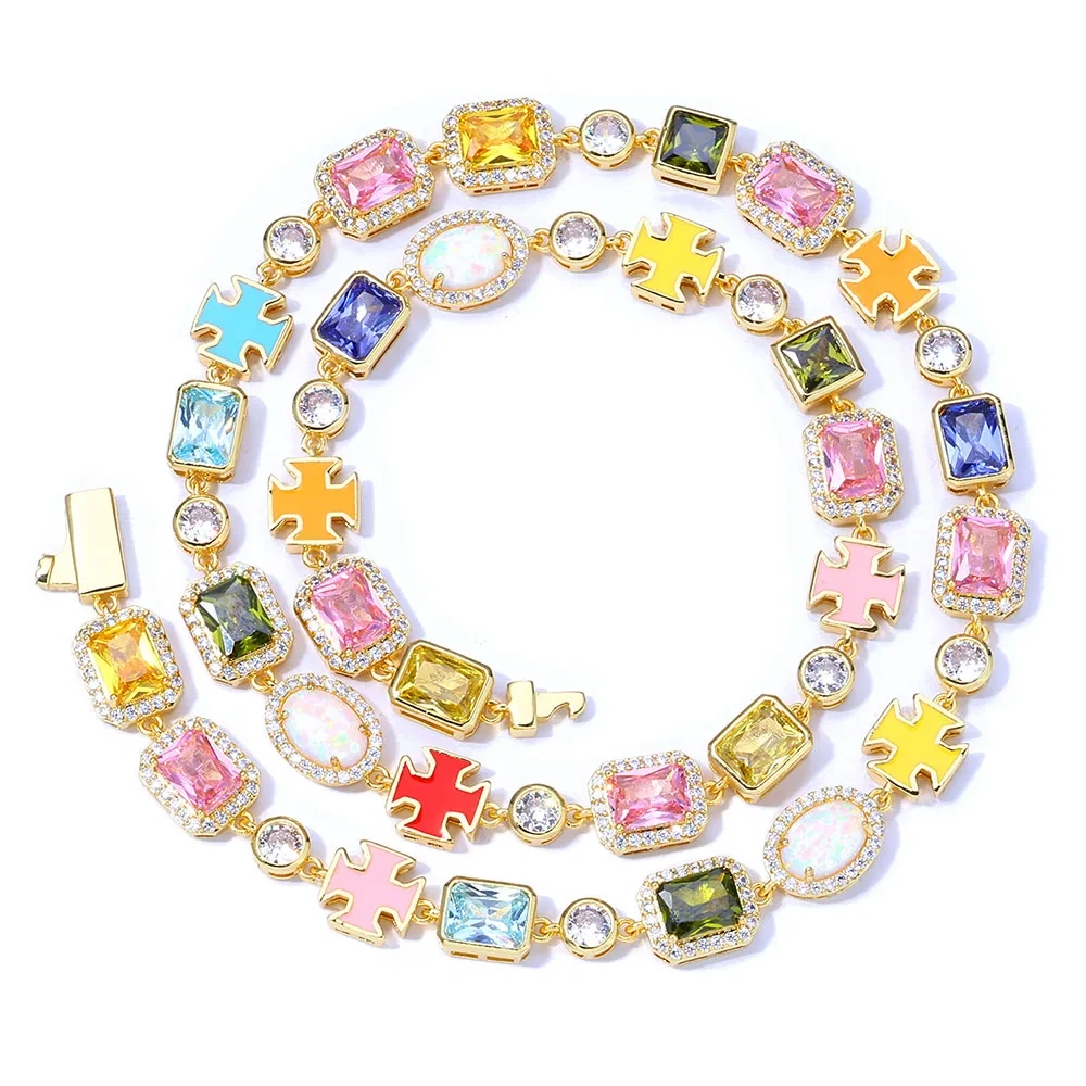 ESKEEM 10mm Pink/yellow/Bluw Multi Color Enamel Bling Cz Stone Chain Cross Geometric Gemstone Motif Iced Out Opal Chain Necklace