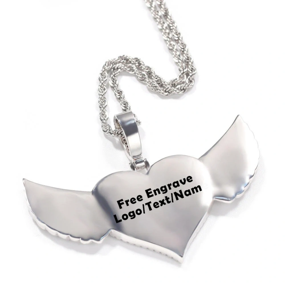 Customized Heart Photo Necklace Men and Women Hip Hop Personalized Wing heart Picture Pendant Iced Charm Free Custom Logo