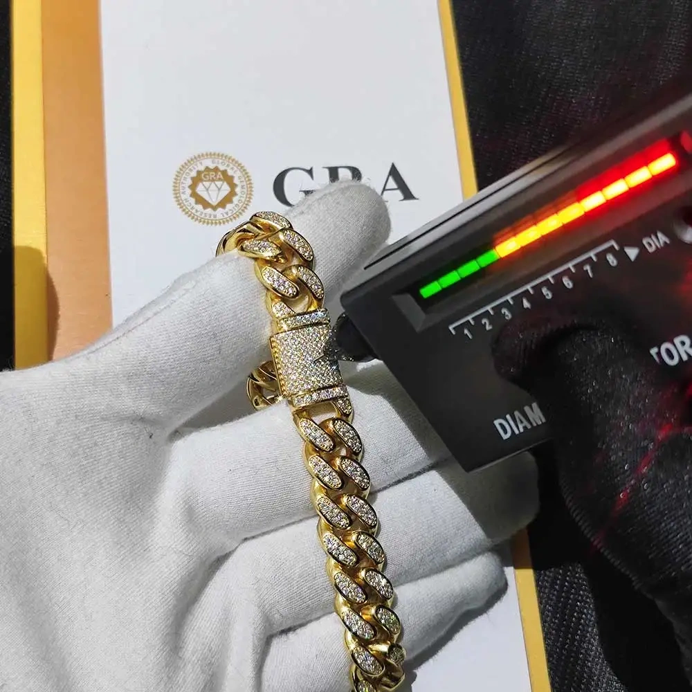 Hight Quality Moissanite Cuban Chain 12MM Iced Out Two Row VVS Diamond Cuban Link Chain Hip Hop Jewelry For Men Women