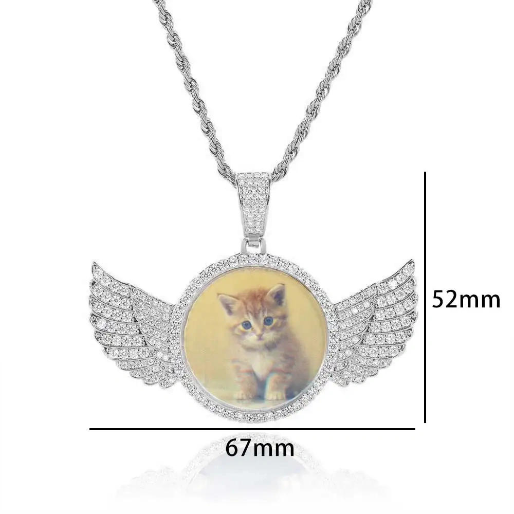 Dropshipping Hip Hop Personalized Pendant Bling CZ Memorial Picture Necklace Photo Custom Angel Free Engrave Wing Pendants
