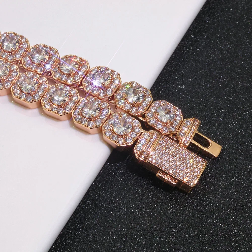 Hip Hop Jewelry Men Rock Cluster Tennis Choker 10mm 12mm Width Iced Out Bracelet Necklace Rose Gold Plated Tennis Chain