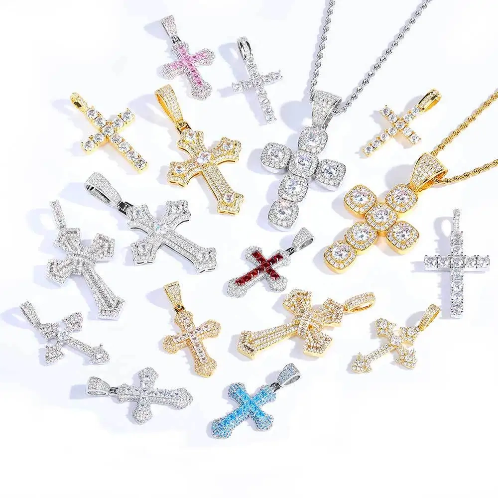 Hip Hop Jewelry Charm Women Cross Christian Jesus Bling Iced Out Copper Zircon Color Pendant Necklace