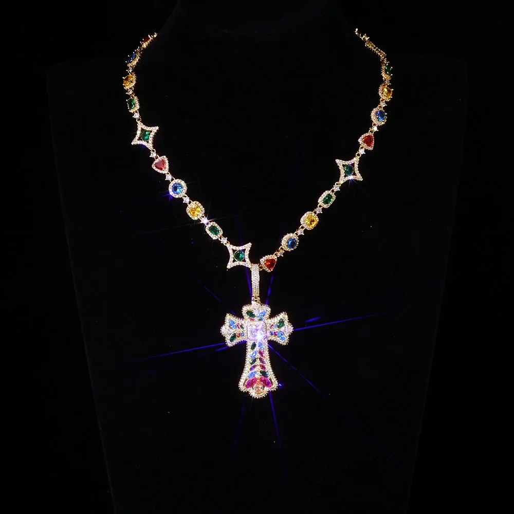 Trendy New Arrivals Cross Pendant Necklace Fancy Cut Diamonds Fashion Iced Out Multi-Colored Gemstones Chain Hip Hop Jewelry