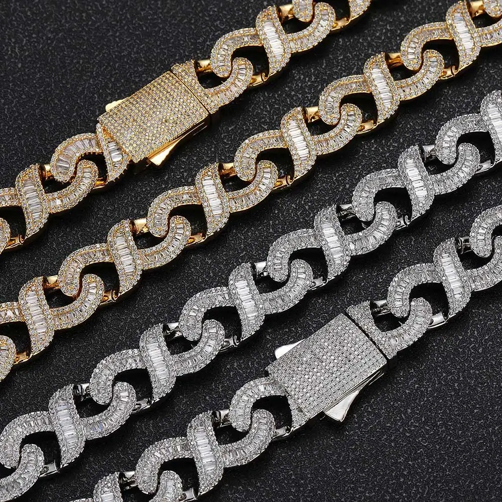 Hip Hop Jewelry 15MM Bling Iced Out Infinity Necklaces for Men Baguettecz Prong Setting 8word Cuban Link Chain Choker for Gift ﻿