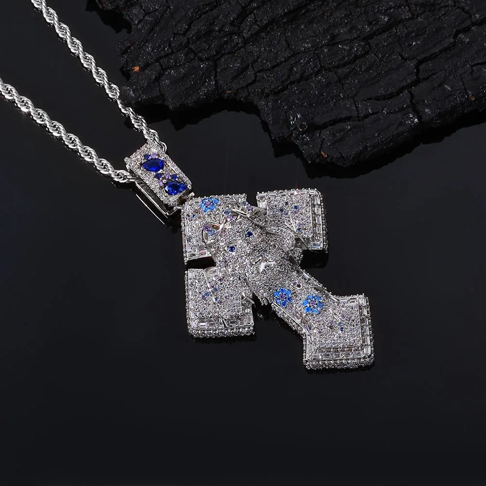ESKEEM Micro Paved Barbed Wire Iced Jesus Cross Pendant Hip Hop Men Colorful Jesus Head with Vine Cross Charm Necklace