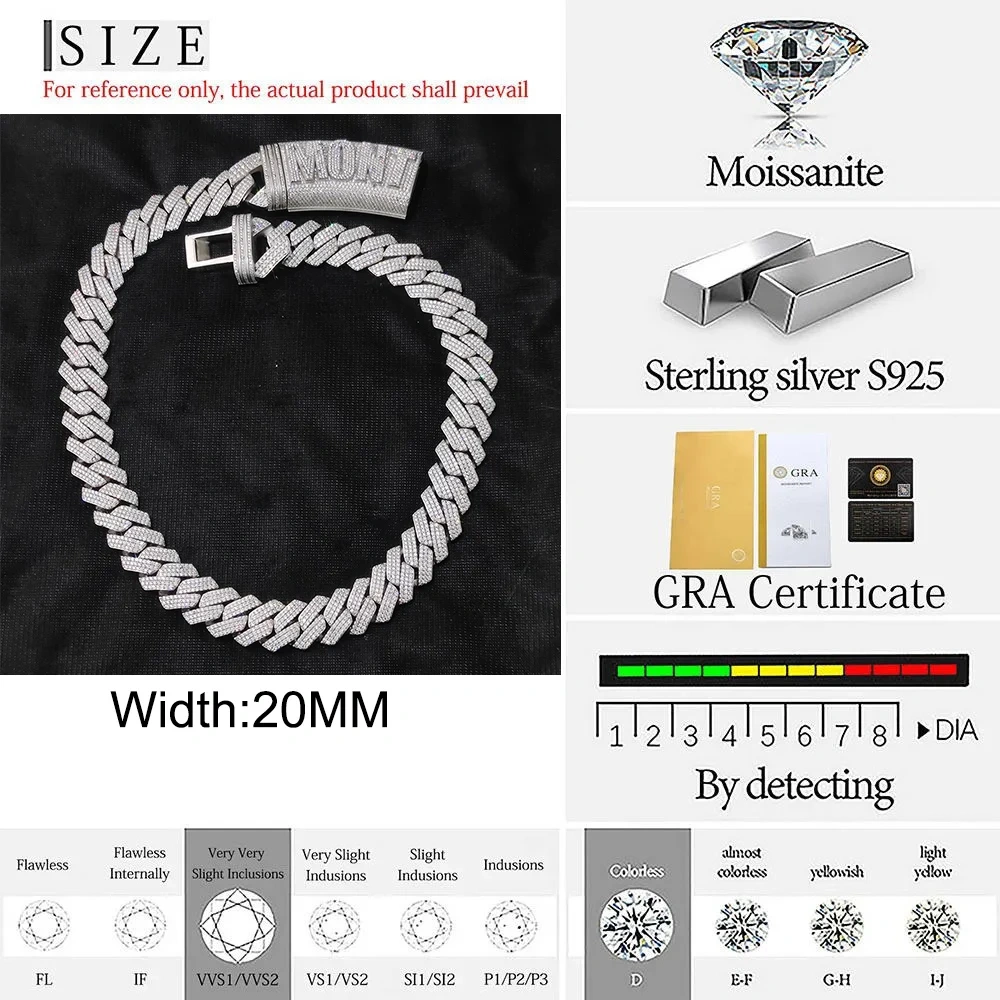 S925 Sterling Silver Vvs Moissanite Cuban Necklace Luxury Customized Iced Out Letter Clasp 20mm Width Mens link Chain