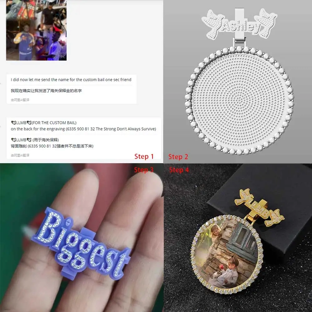 Custom Letter Diamond Bail 68mm Big Circle Photo Pendant Men Women Hip Hop Memory Picture Charm Necklace Jewelry Birthday Gift