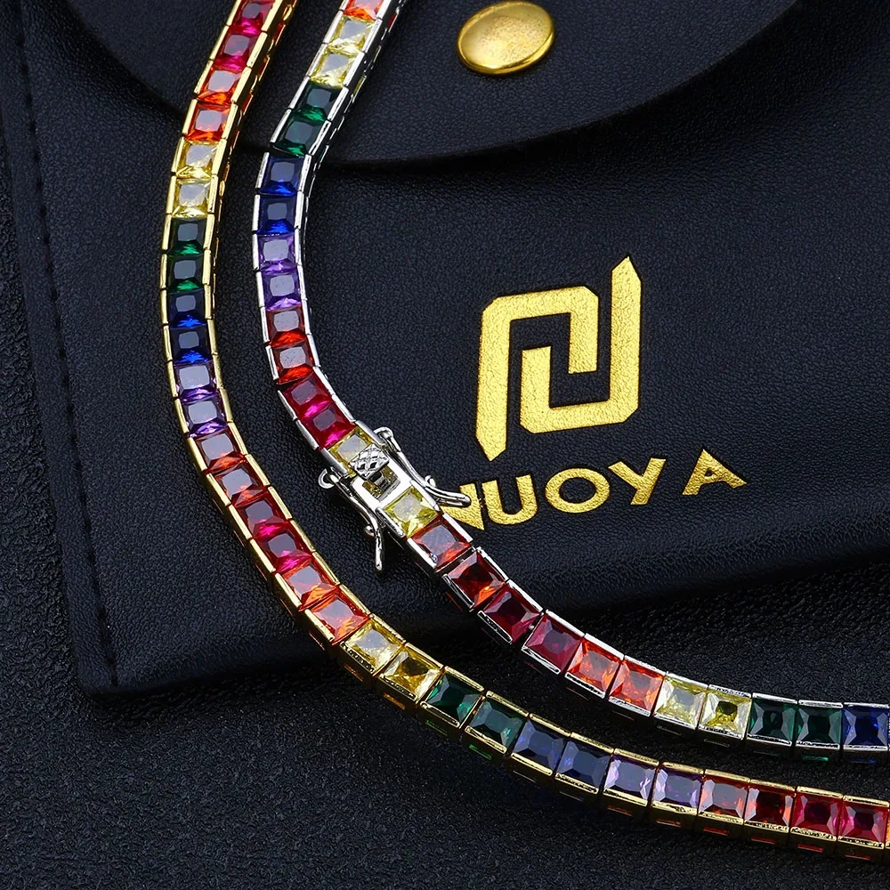 Fashion Jewelry Ice Out Rainbow Bracelet Brass Square 4mm 18K Gold Plated Colorful Cubic Zirconia Diamond Tennis Bracelet