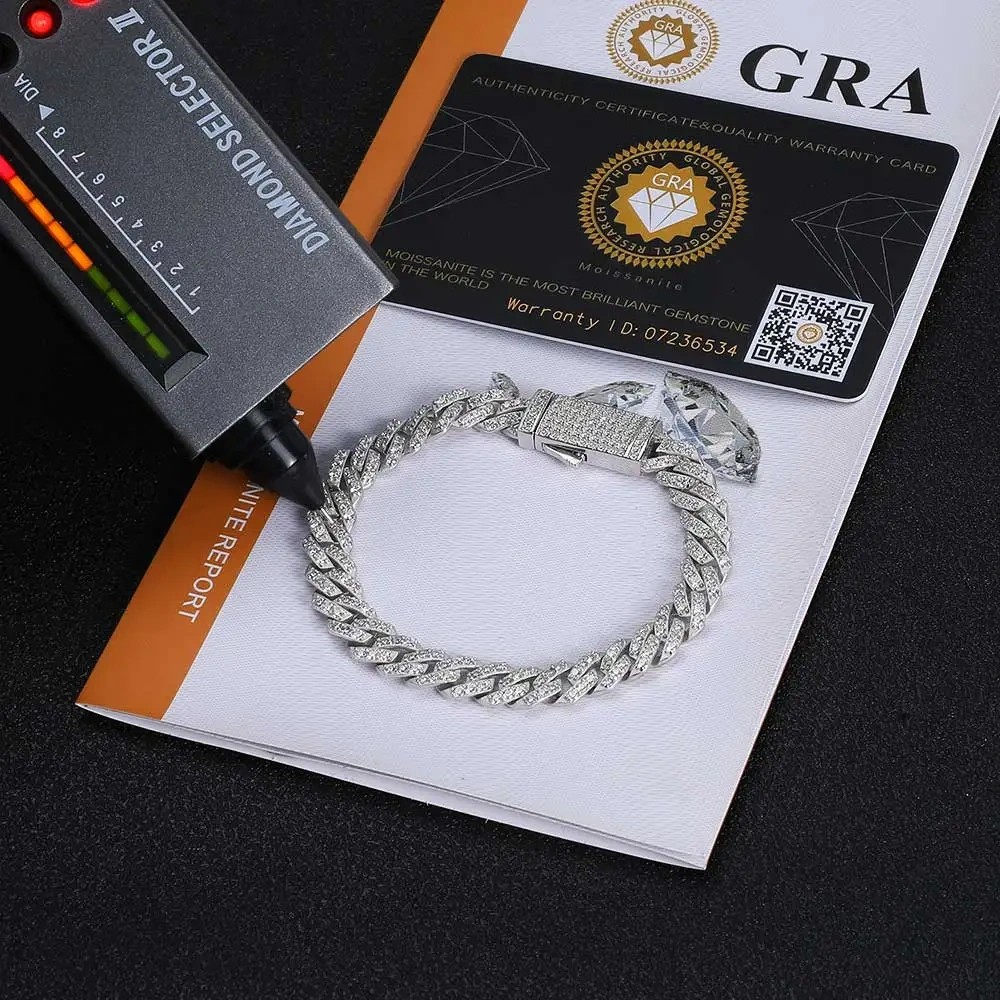 8/10/15/20mm Miami Hip Hop Jewelry Pass VVS Stone Shiny 925 Sterling Silver Bracelet Moissanite Cuban Link Chain For Men