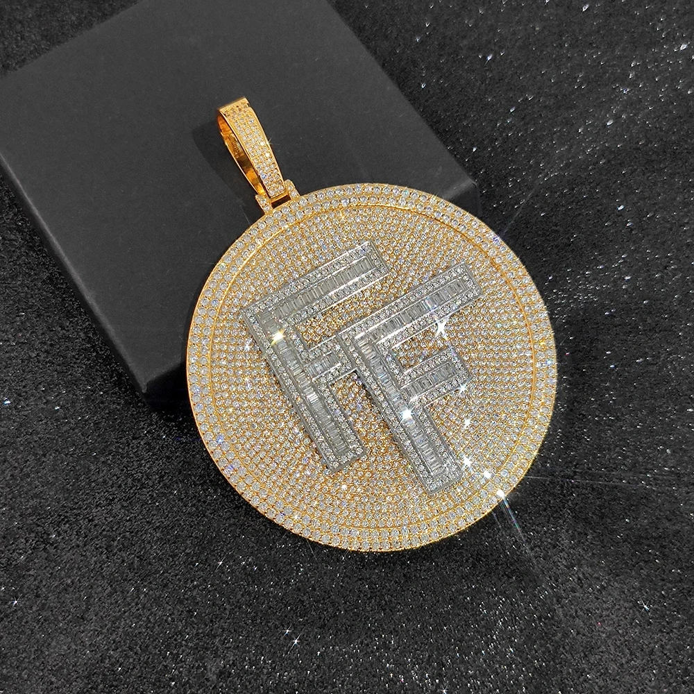 Hip Hop Iced Out Cz Big Letter Round Charm Bling Cubic Zircon Paved Pendant Necklace Women Men Jewelry With Rope Cuban Chain