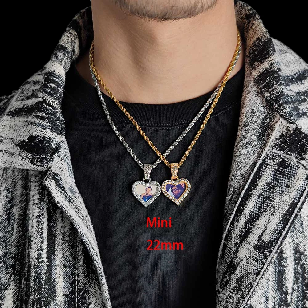 Hip Hop Custom Mini Heart Photo Pendant Unisex DIY Picture Frame Memory Necklace with Zircon for Weddings Parties Gifts