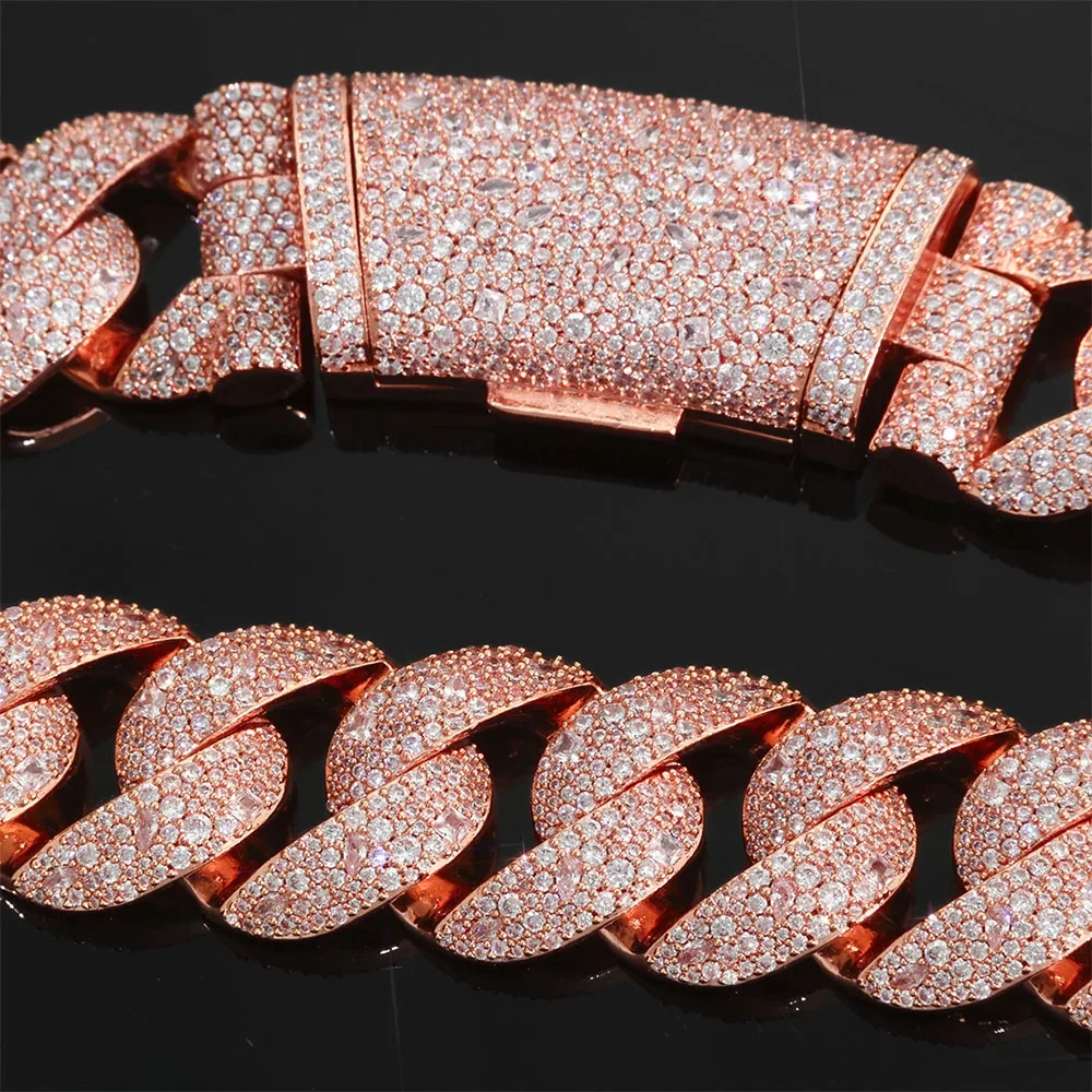 ESKEEM Luxury Curved Flip Buckle Rose Gold Plated Cuban Chain 22MM Iced Out Zircon Diamond Necklace Men Women Hip Hop Jewelry