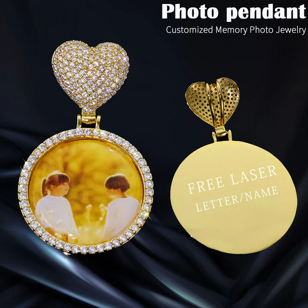ESKEEM Custom Heart Bail Circle Chain Photo Pendant Necklace DIY Iced Out 35mm Photo Frame Pendant Hip Hop Necklace Jewelry