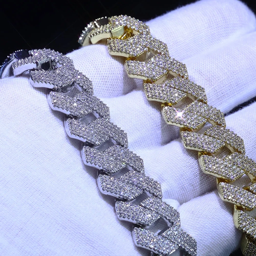 Hip Hop Jewelry White Gold Prong Miami Cuban Link Chain for Women 15mm 4 Rows Iced Out Diamond Prong Cuban Chain Bracelet
