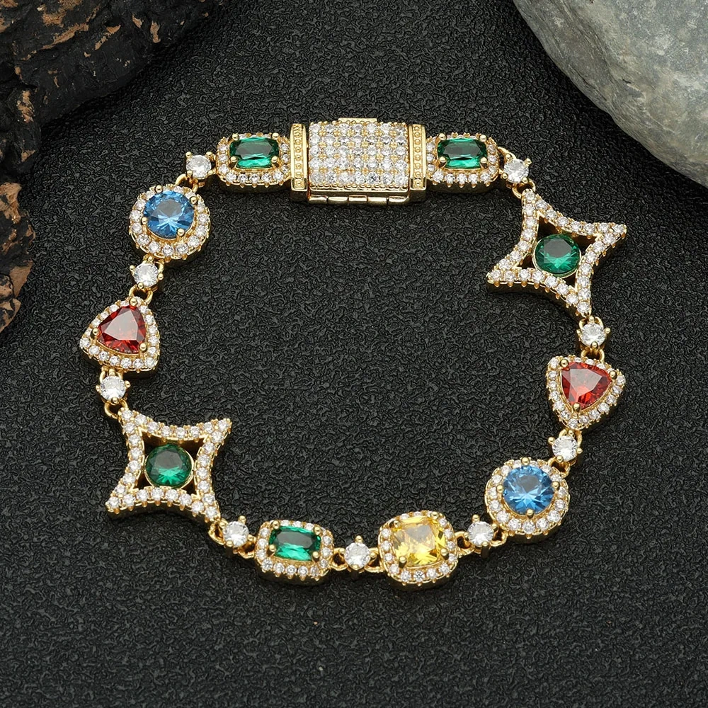 Dazzling Hip Hop Bracelets Mixed Gemstone & Cubic Zirconia 18K Gold-Plating Trendy Unisex Accessories for Men & Women