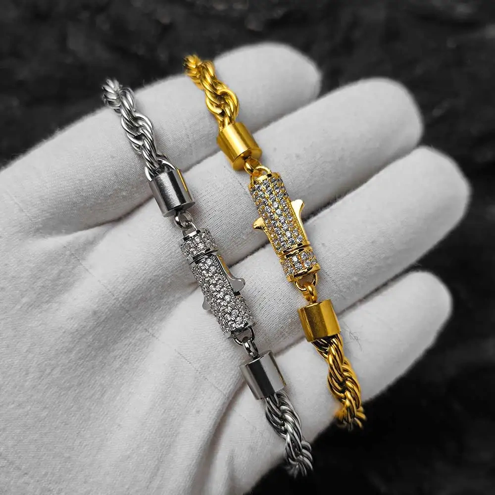 New Style 6mm Iced Out Clasp Rope Chain Stainless Steel Twist Rope Chain Necklace Jewelry For Women Drop Shipping
