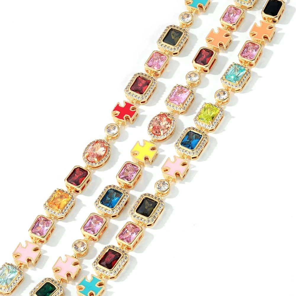 ESKEEM Hip Hop Iced Out Multi Color CZ Gemstone Tennis Bracelet Mixed Luxury Enamel Motif Jewelry Extension Chain Gift for Women