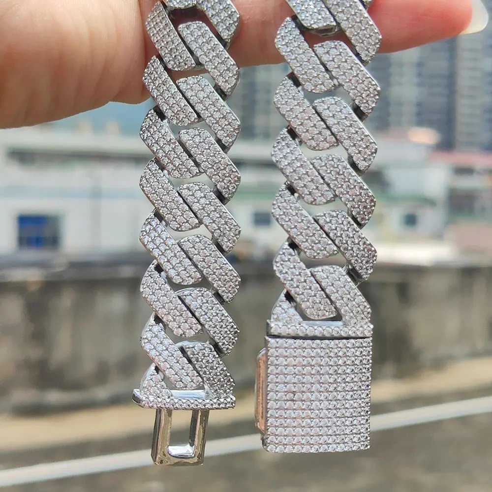 20mm Hip Hop Choker Iced Out Double Rows Of Lozenges Prong Cuban Link Chain Chunky Necklace For Men