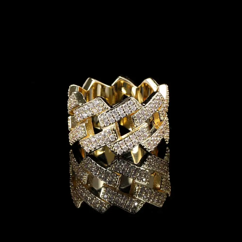 Hip Hop Fashion Iced Out For Men Brass Setting Cubic Zircon 14MM Cuban Ring Luxury Rhombus Jewelry