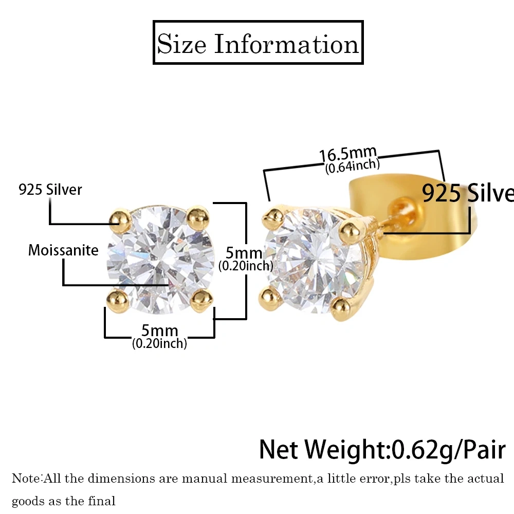 925 Sterling Silver Moissanite Earring Classic with 3mm 4mm 5mm Round 1 Pair 4 Claws VVS Stud Earring Low Price For Women