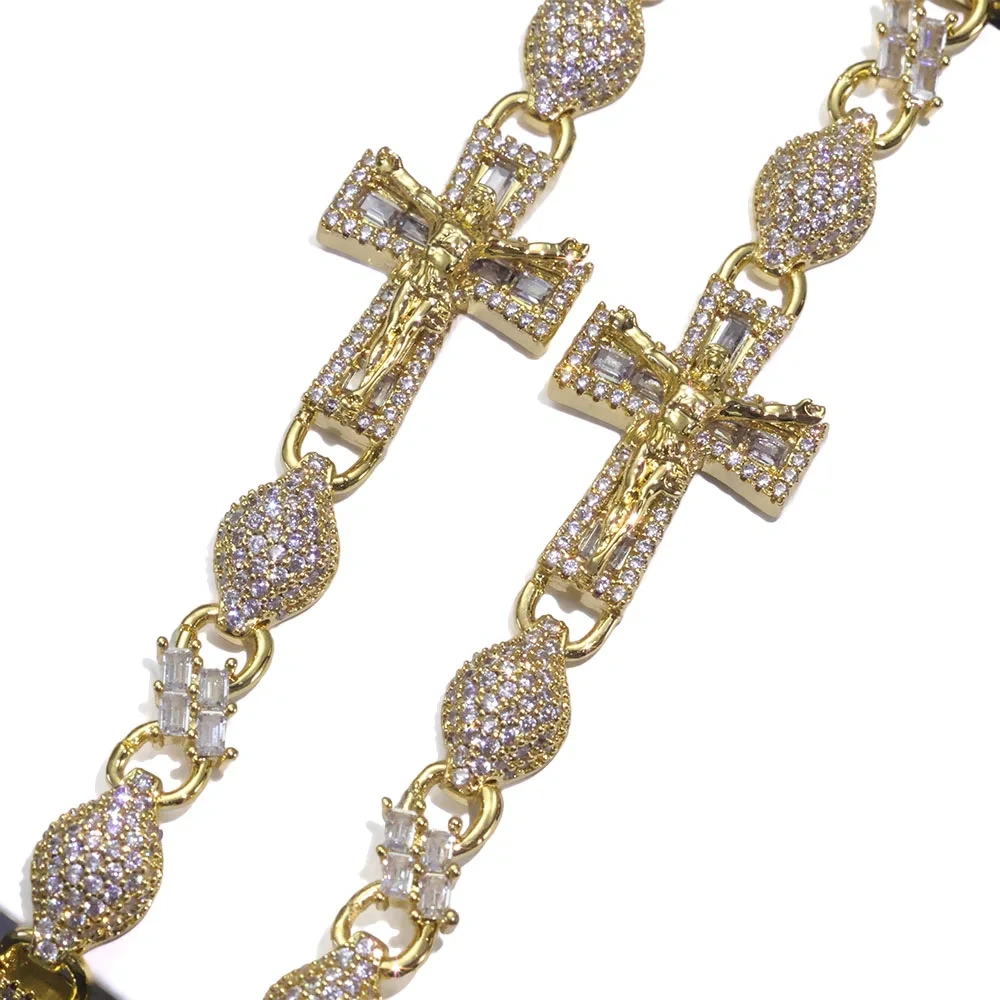 New Trendy 8mm Bead Cross Jesus Chain Bracelet Fully Iced Out Shinning Diamond 18k Gold Plated Miami Cross Bracelet Men
