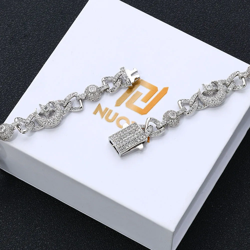 Hip Hop Iced Out CZ Necklace Sparkling Luxury Moon and Star Special Design Party Cuban Chain Jewelry For Men Women Gift