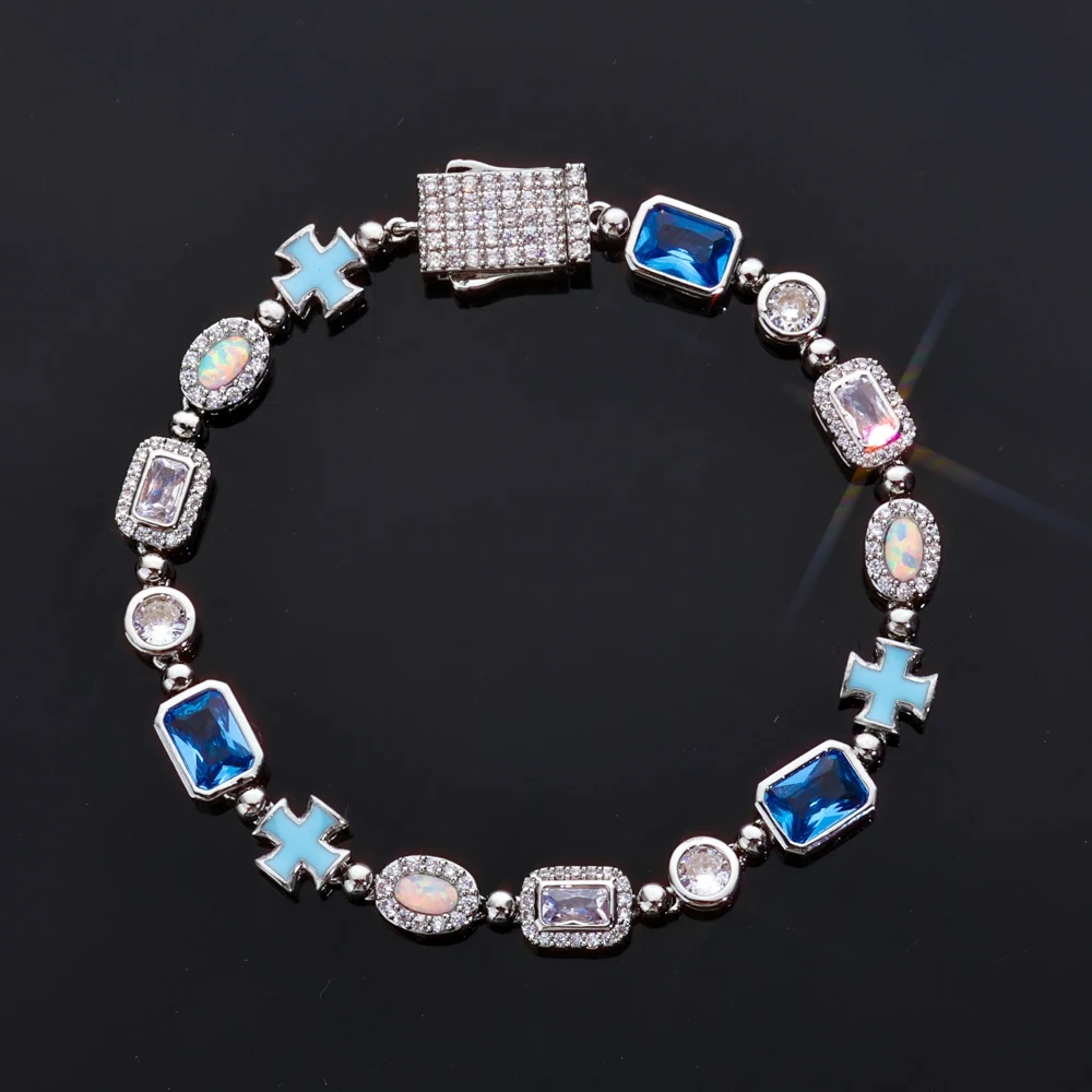 ESKEEM Geometric Oil Drip Blue Cross Bracelet 6mm Iced Out Blue CZ Gemstone Motif Chain Hip Hop Jewelry