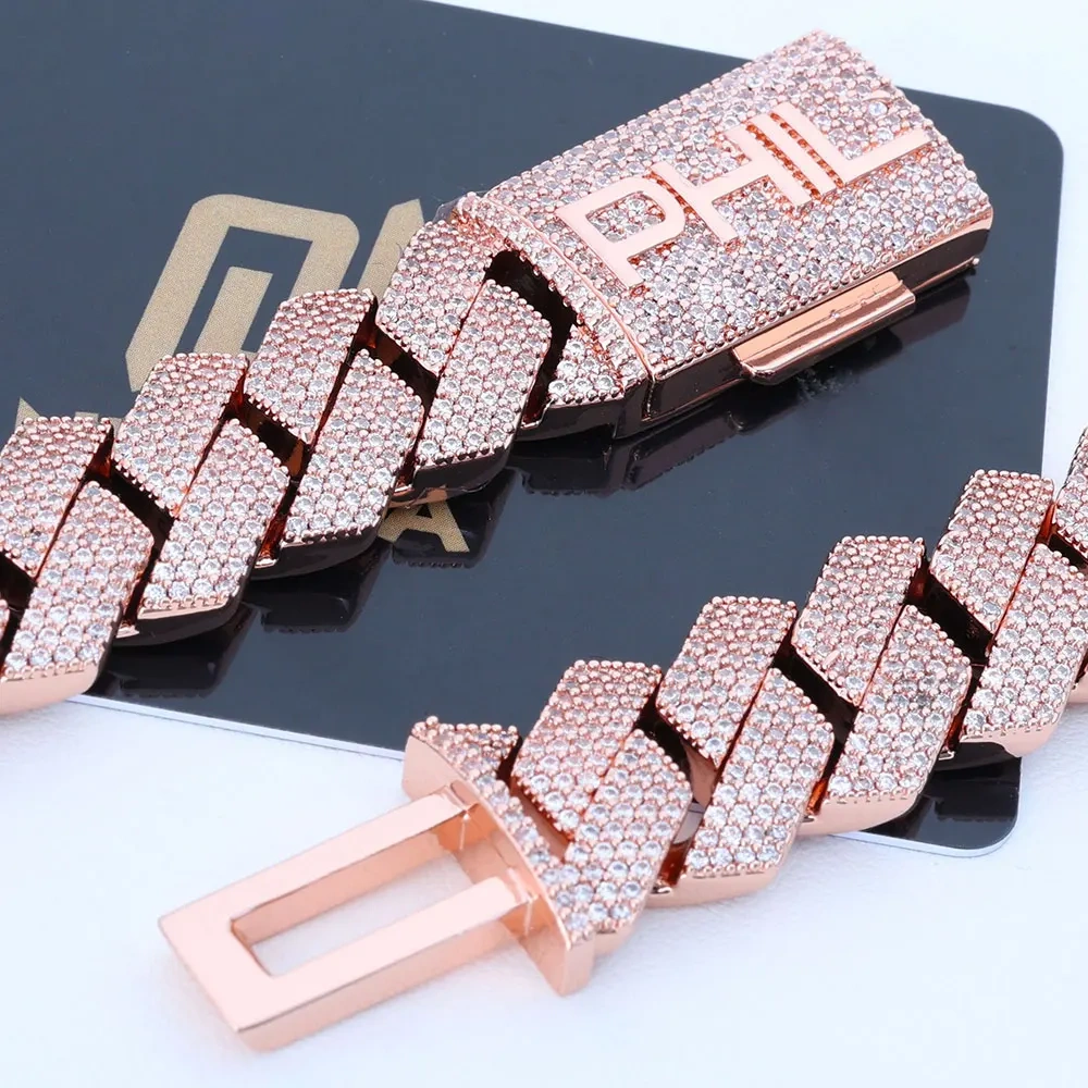 15mm CZ Iced  Custom Four Letter Box Clasp Cuban Link Chain Luxury Man Hip Hop Bling Full Diamond Rose Gold Plated Necklace