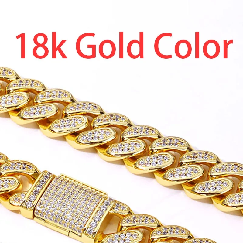 Hip Hop 14k Gold Plated Bling Iced Cuban Chain Jewelry Cadena Hombre 12mm 2 Rows Diamond 18k Gold Color Cuban Necklace