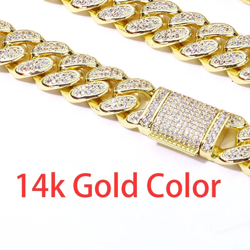 Hip Hop 14k Gold Plated Bling Iced Cuban Chain Jewelry Cadena Hombre 12mm 2 Rows Diamond 18k Gold Color Cuban Necklace