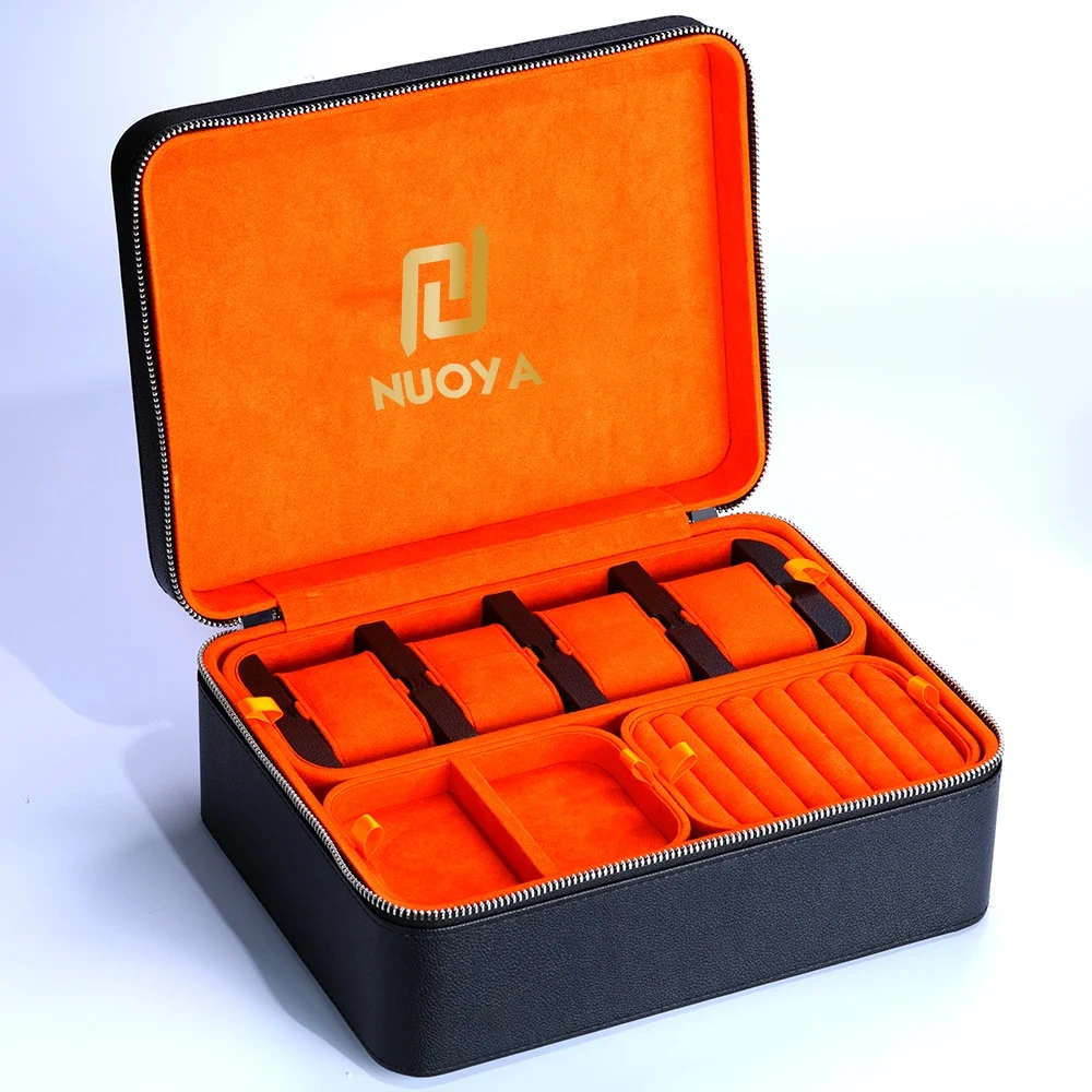 High Quality Box Custom Logo Real Leather Big Jewelry Case With Many Trays Black Leather Suede Lining Jewelry Box Organizer