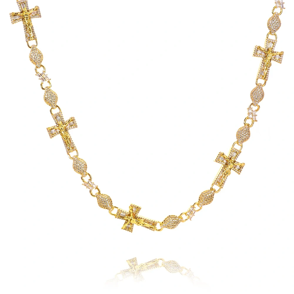 ESKEEM Mens Party Hip Hop Jewelry Gold Silver Plated Baguette Zircon Iced Out Lab Diamond Cross Infinity Cuban Link Necklace