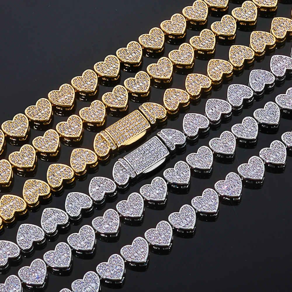 ESKEEM Jewelry New Trendy Iced Heart Baguette CZ Necklace Heart Shaped Tennis Chain for Woman Birthday Gift