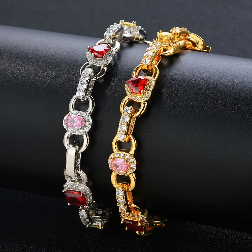 The Latest Colorful Zircon Bracelet Women's Jewelry Fashion 18K Plated Gold Pink/Red/Yellow Diamond Bracelet Fine Jewelry